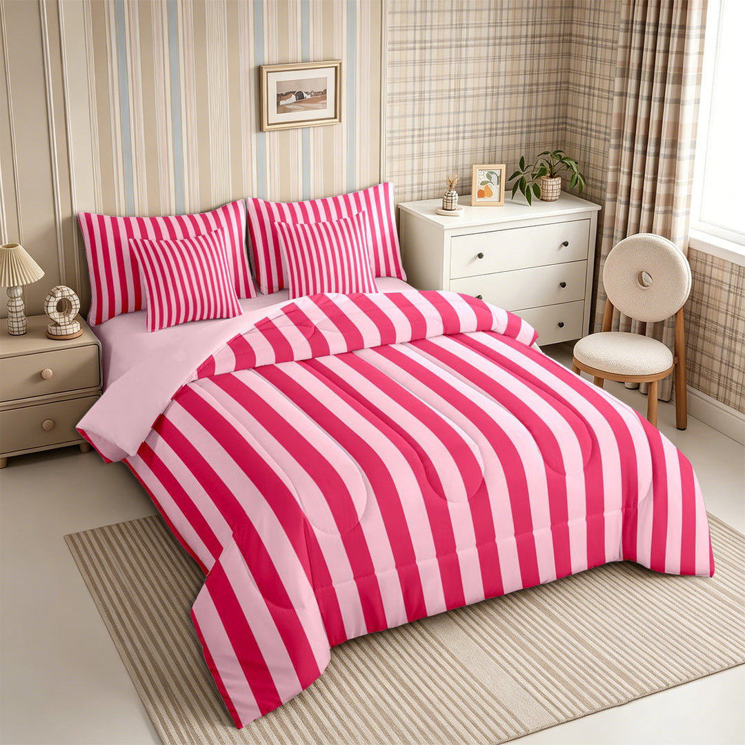 Meiyoeat Bold Vertical Stripe Full Size Bedding Sets 7 Pieces for Girls, Contemporary Pinstripe Full Size Bed in a Bag, Hot Pink,Pink Reversible