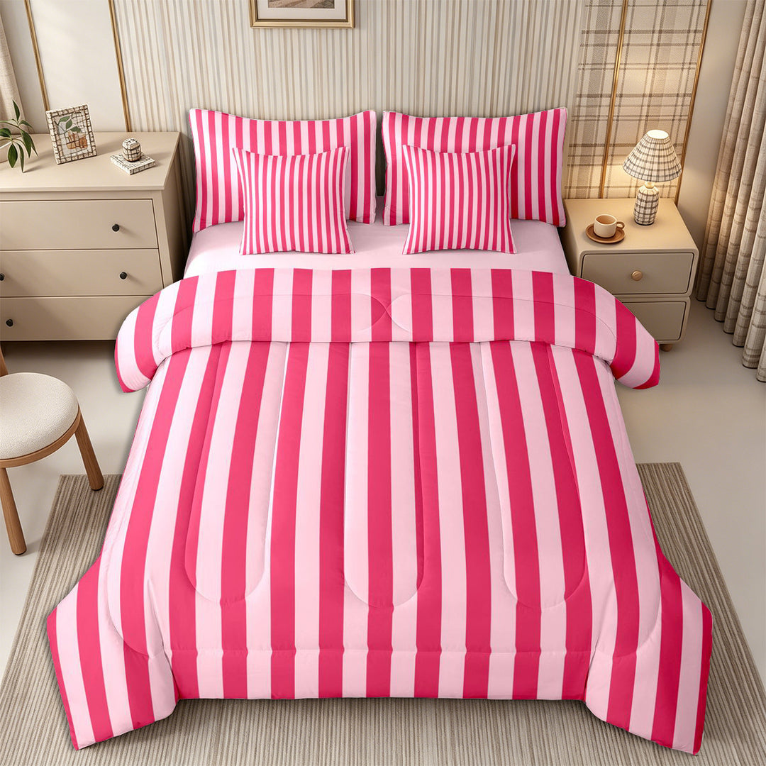 Meiyoeat Bold Vertical Stripe Full Size Bedding Sets 7 Pieces for Girls, Contemporary Pinstripe Full Size Bed in a Bag, Hot Pink,Pink Reversible