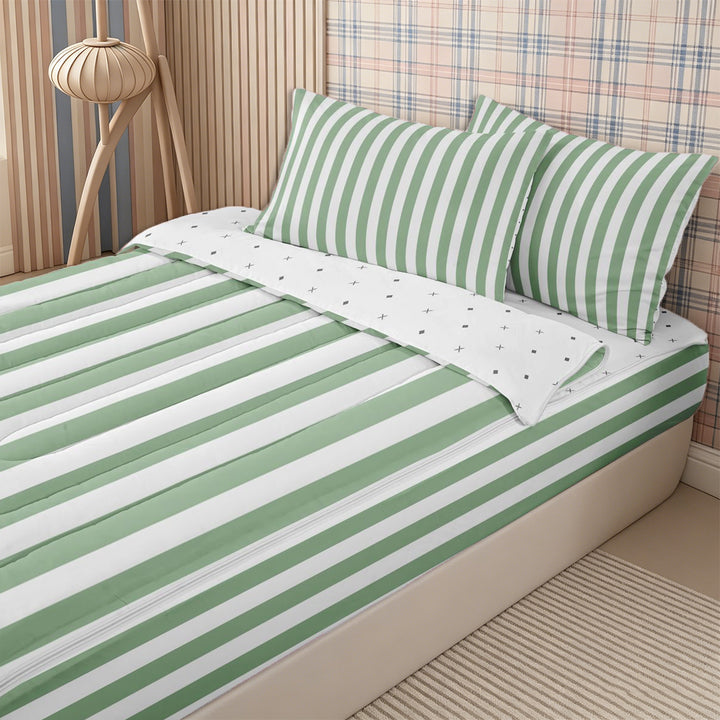 Meiyoeat Simple Vertical Stripe Zipper Full Size Comforter Sets with Fitted Sheet and 2 Pillowcases, Classic Linear Pattern Zipper Bedding Set, Sage Green,Reversible,4pcs