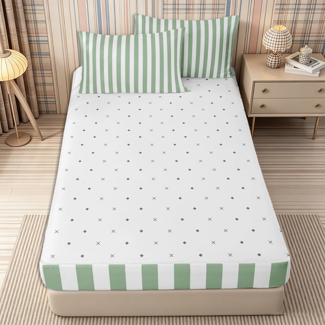 Meiyoeat Simple Vertical Stripe Zipper Full Size Comforter Sets with Fitted Sheet and 2 Pillowcases, Classic Linear Pattern Zipper Bedding Set, Sage Green,Reversible,4pcs