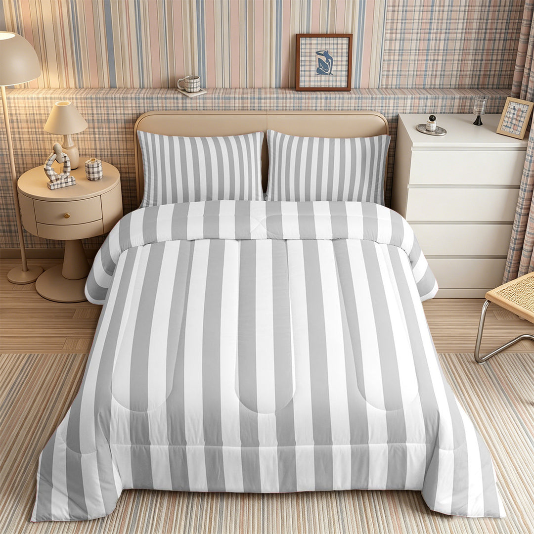 Meiyoeat Retro Pinstripe Full Size Comforter Sets 3-Piece, Modern Straight Line Bedding Comforter Set, Gray White,Grey Reversible,1 Comforter and 2 Pillowcases