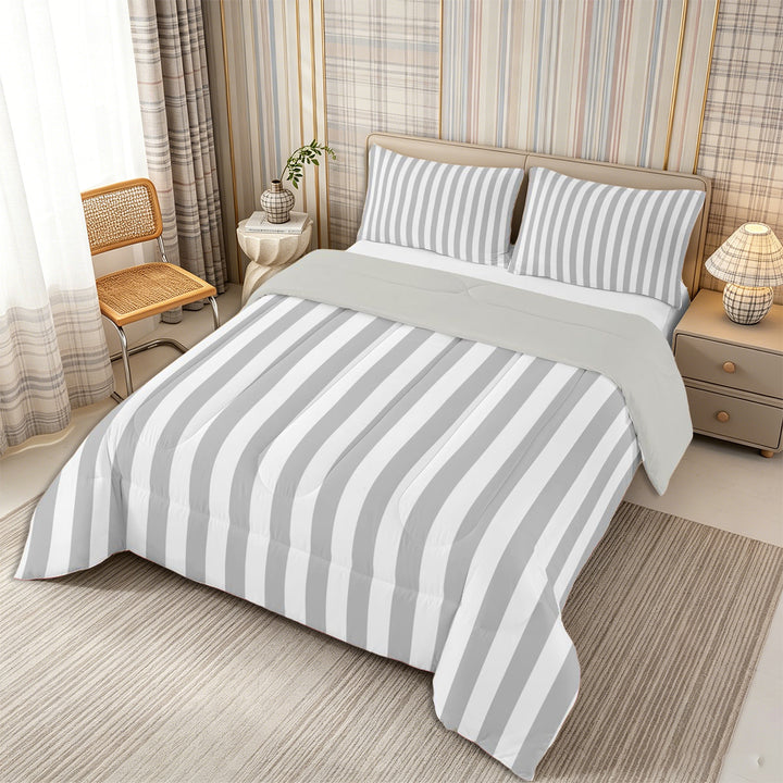 Meiyoeat Retro Pinstripe Full Size Comforter Sets 3-Piece, Modern Straight Line Bedding Comforter Set, Gray White,Grey Reversible,1 Comforter and 2 Pillowcases