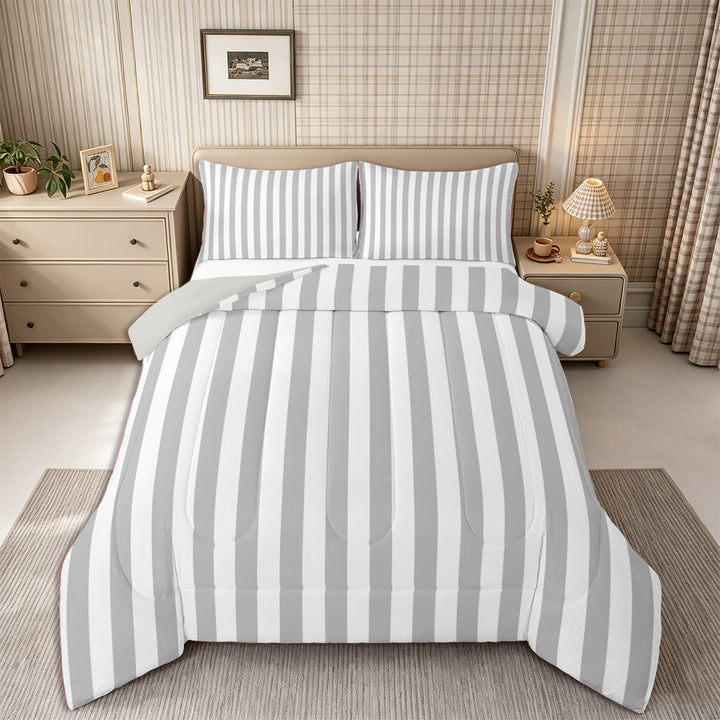 Meiyoeat Retro Pinstripe Full Size Comforter Sets 3-Piece, Modern Straight Line Bedding Comforter Set, Gray White,Grey Reversible,1 Comforter and 2 Pillowcases
