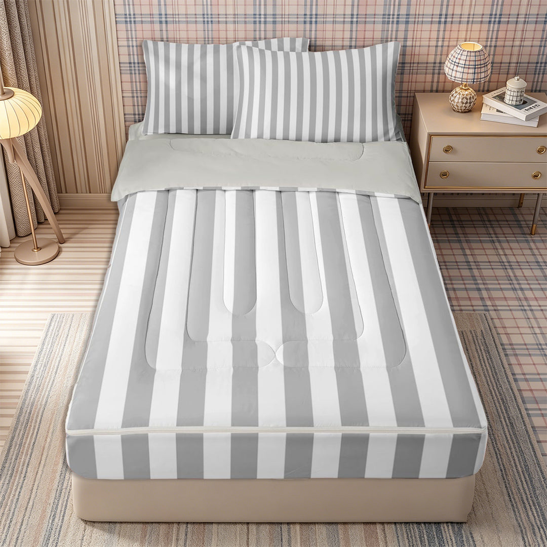 Meiyoeat Retro Pinstripe Zipper Full Size Comforter Sets with Fitted Sheet and 2 Pillowcases, Modern Straight Line Zipper Bedding Set, Gray White,Grey Reversible,4pcs