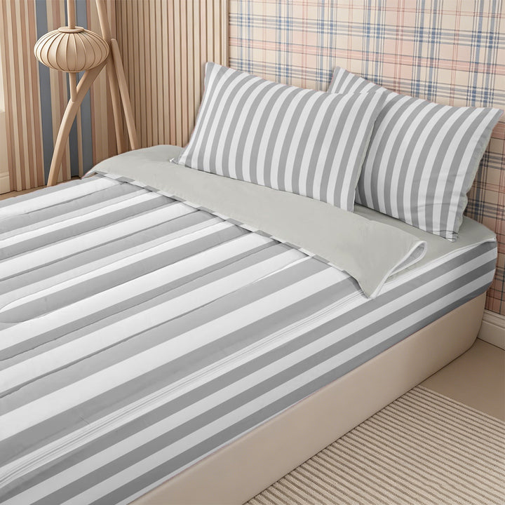 Meiyoeat Retro Pinstripe Zipper Full Size Comforter Sets with Fitted Sheet and 2 Pillowcases, Modern Straight Line Zipper Bedding Set, Gray White,Grey Reversible,4pcs
