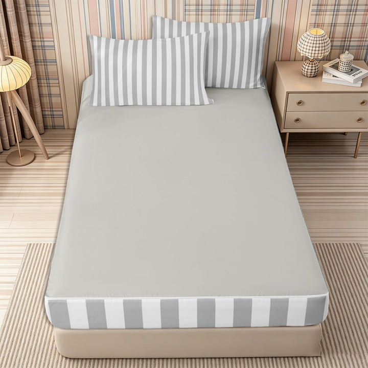 Meiyoeat Retro Pinstripe Zipper Full Size Comforter Sets with Fitted Sheet and 2 Pillowcases, Modern Straight Line Zipper Bedding Set, Gray White,Grey Reversible,4pcs
