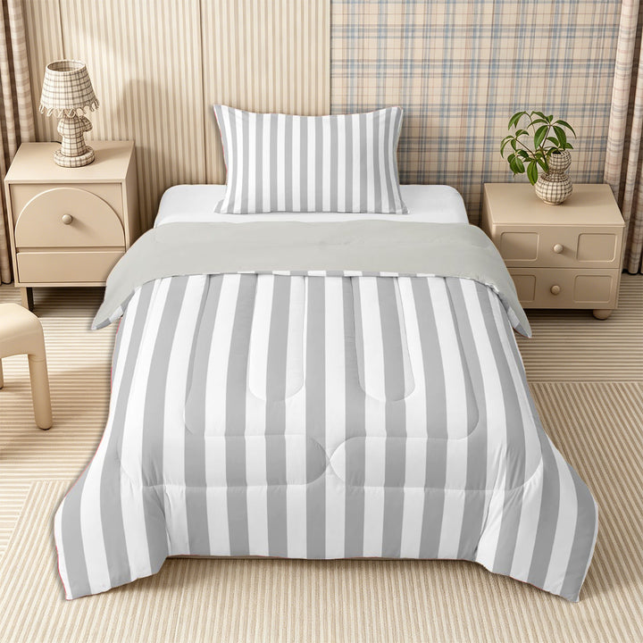Meiyoeat Retro Pinstripe Full Size Comforter Sets 3-Piece, Modern Straight Line Bedding Comforter Set, Gray White,Grey Reversible,1 Comforter and 2 Pillowcases