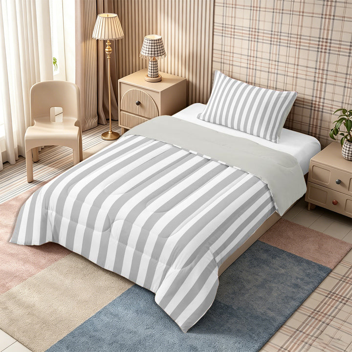 Meiyoeat Retro Pinstripe Full Size Comforter Sets 3-Piece, Modern Straight Line Bedding Comforter Set, Gray White,Grey Reversible,1 Comforter and 2 Pillowcases