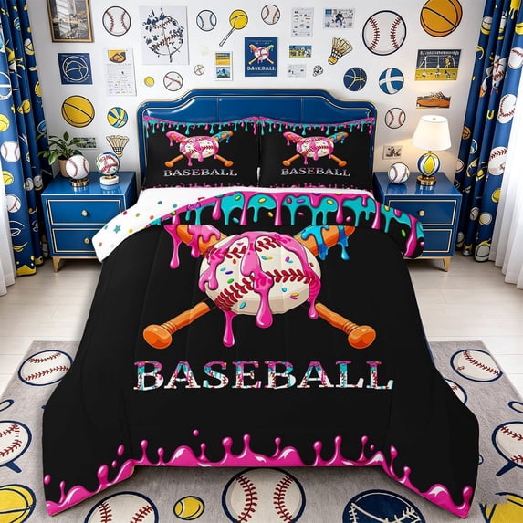 Meiyoeat Sport Baseball Full Size Comforter Sets 3-Piece,Ice Cream Drip Bedding Comforter Set,Pink Blue Black,Reversible,1 Comforter and 2 Pillowcases,1 Comforter and 2 Pillowcases