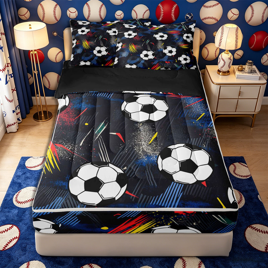 Meiyoeat Graffiti Soccer Ball Zipper Full Size Comforter Sets with Fitted Sheet and 2 Pillowcases for Teens, Abstract stripes splash Zipper Bedding Set,4pcs,Black Reversible