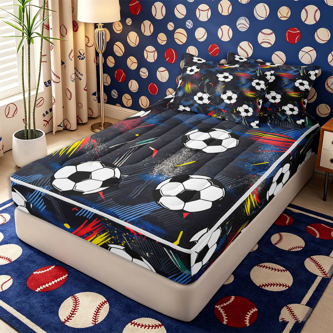 Meiyoeat Graffiti Soccer Ball Zipper Full Size Comforter Sets with Fitted Sheet and 2 Pillowcases for Teens, Abstract stripes splash Zipper Bedding Set,4pcs,Black Reversible