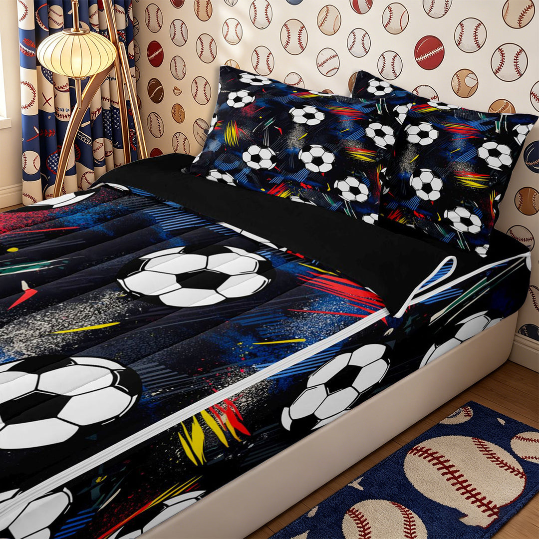 Meiyoeat Graffiti Soccer Ball Zipper Full Size Comforter Sets with Fitted Sheet and 2 Pillowcases for Teens, Abstract stripes splash Zipper Bedding Set,4pcs,Black Reversible