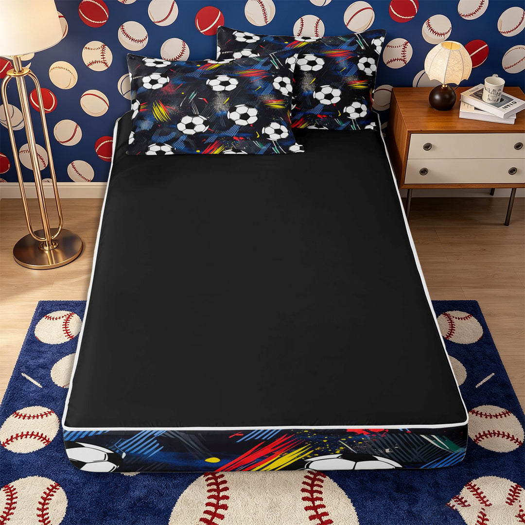 Meiyoeat Graffiti Soccer Ball Zipper Full Size Comforter Sets with Fitted Sheet and 2 Pillowcases for Teens, Abstract stripes splash Zipper Bedding Set,4pcs,Black Reversible