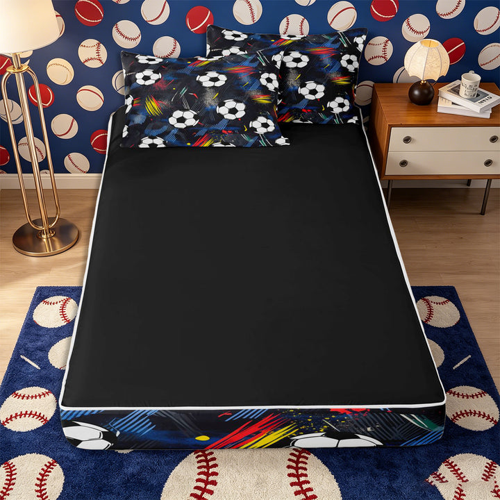 Meiyoeat Graffiti Soccer Ball Zipper Full Size Comforter Sets with Fitted Sheet and 2 Pillowcases for Teens, Abstract stripes splash Zipper Bedding Set,4pcs,Black Reversible