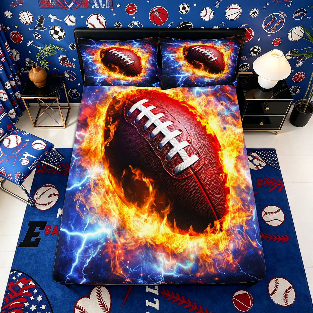 Meiyoeat Fiery Football Bed Sheets 4-Piece for Sports Fans, Lightning Print Full Size Sheets, Black Red Blue