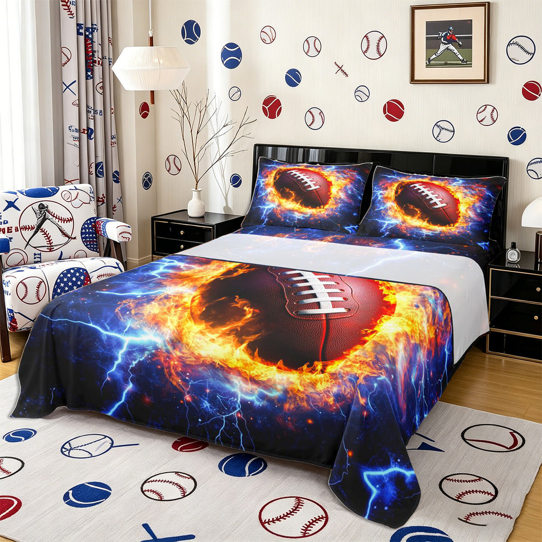 Meiyoeat Fiery Football Bed Sheets 4-Piece for Sports Fans, Lightning Print Full Size Sheets, Black Red Blue