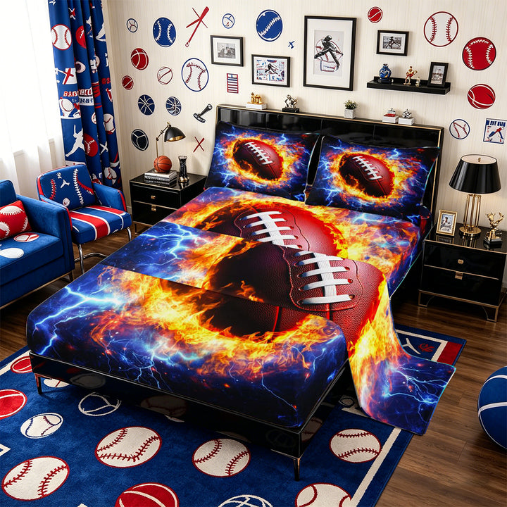 Meiyoeat Fiery Football Bed Sheets 4-Piece for Sports Fans, Lightning Print Full Size Sheets, Black Red Blue