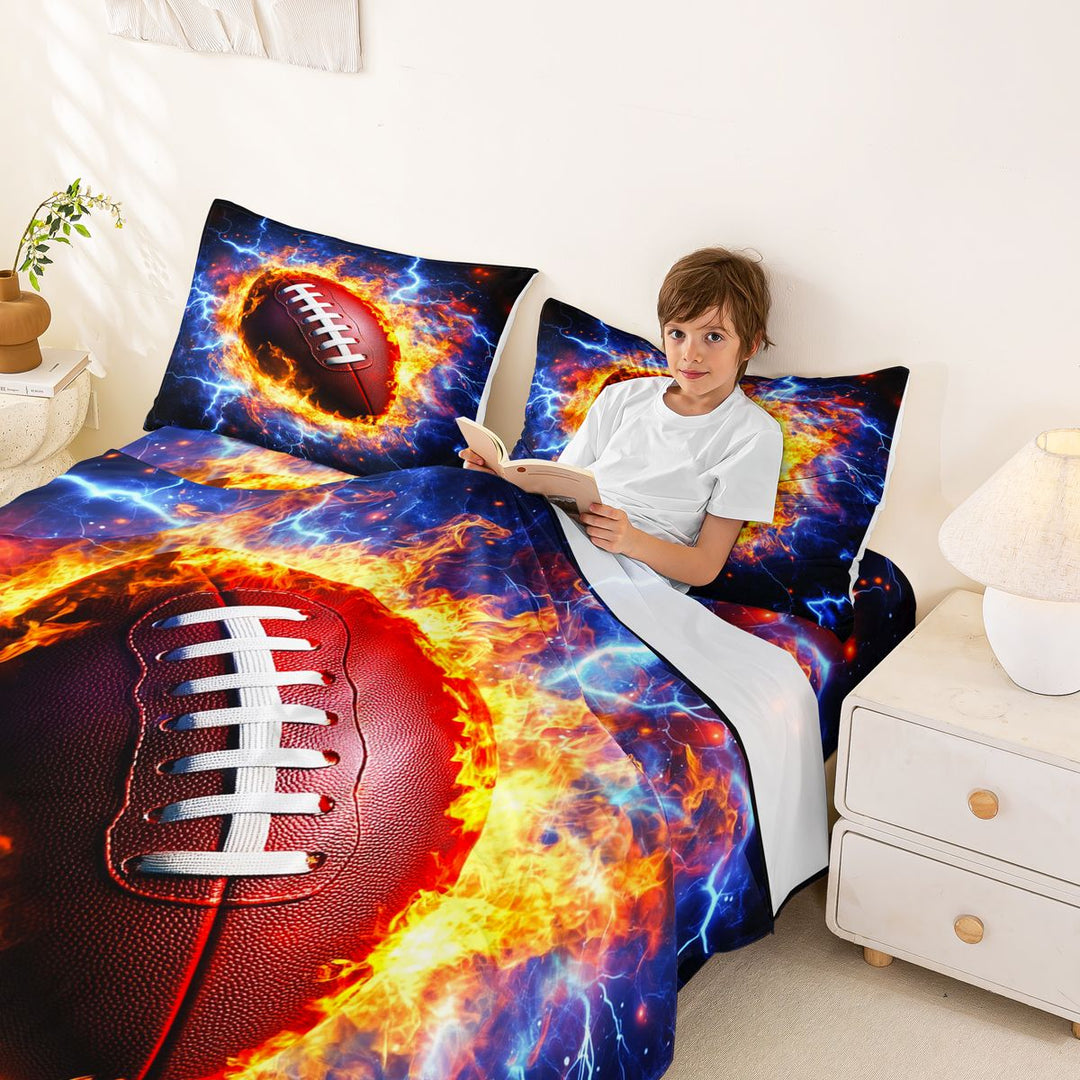 Meiyoeat Fiery Football Bed Sheets 4-Piece for Sports Fans, Lightning Print Full Size Sheets, Black Red Blue