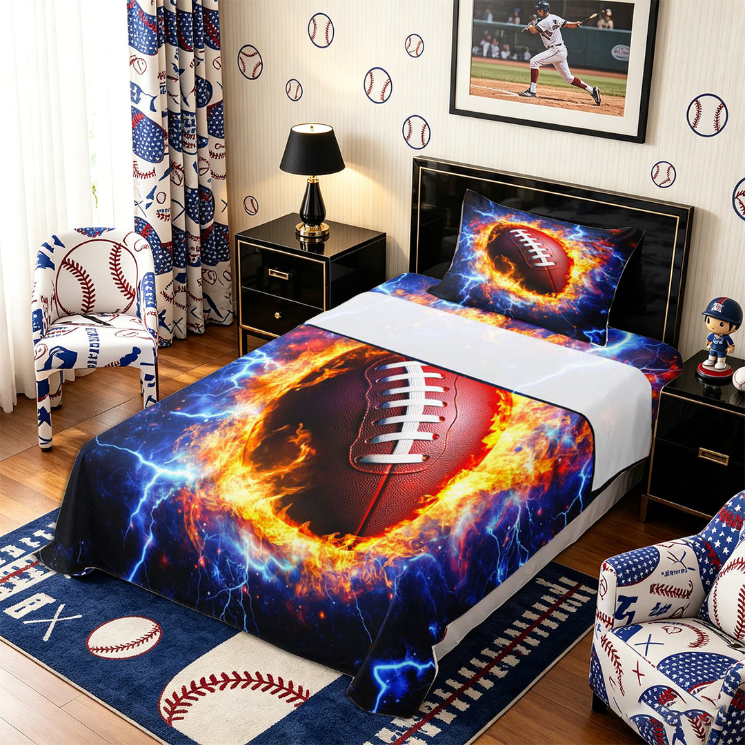 Meiyoeat Fiery Football Bed Sheets 4-Piece for Sports Fans, Lightning Print Full Size Sheets, Black Red Blue