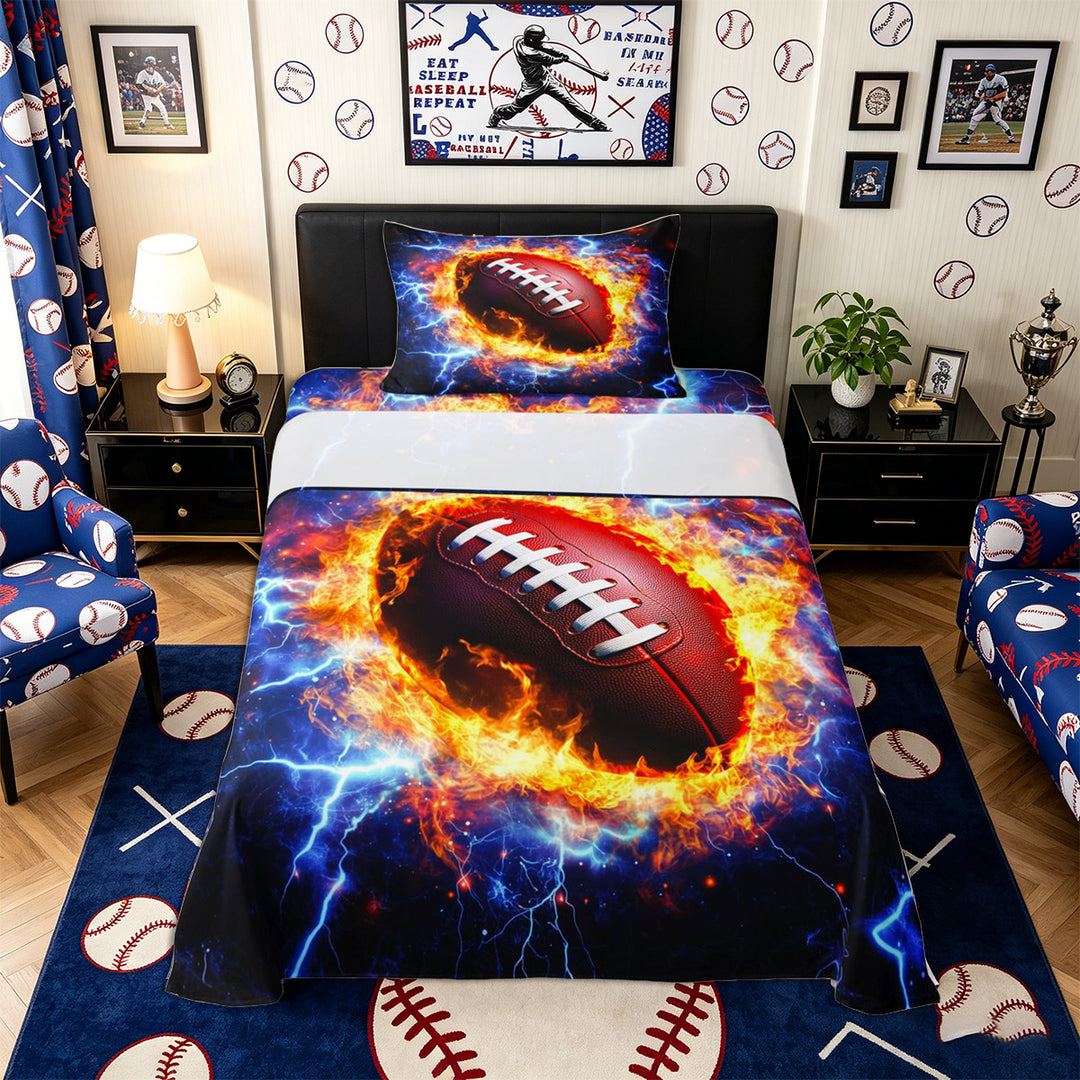 Meiyoeat Fiery Football Bed Sheets 4-Piece for Sports Fans, Lightning Print Full Size Sheets, Black Red Blue