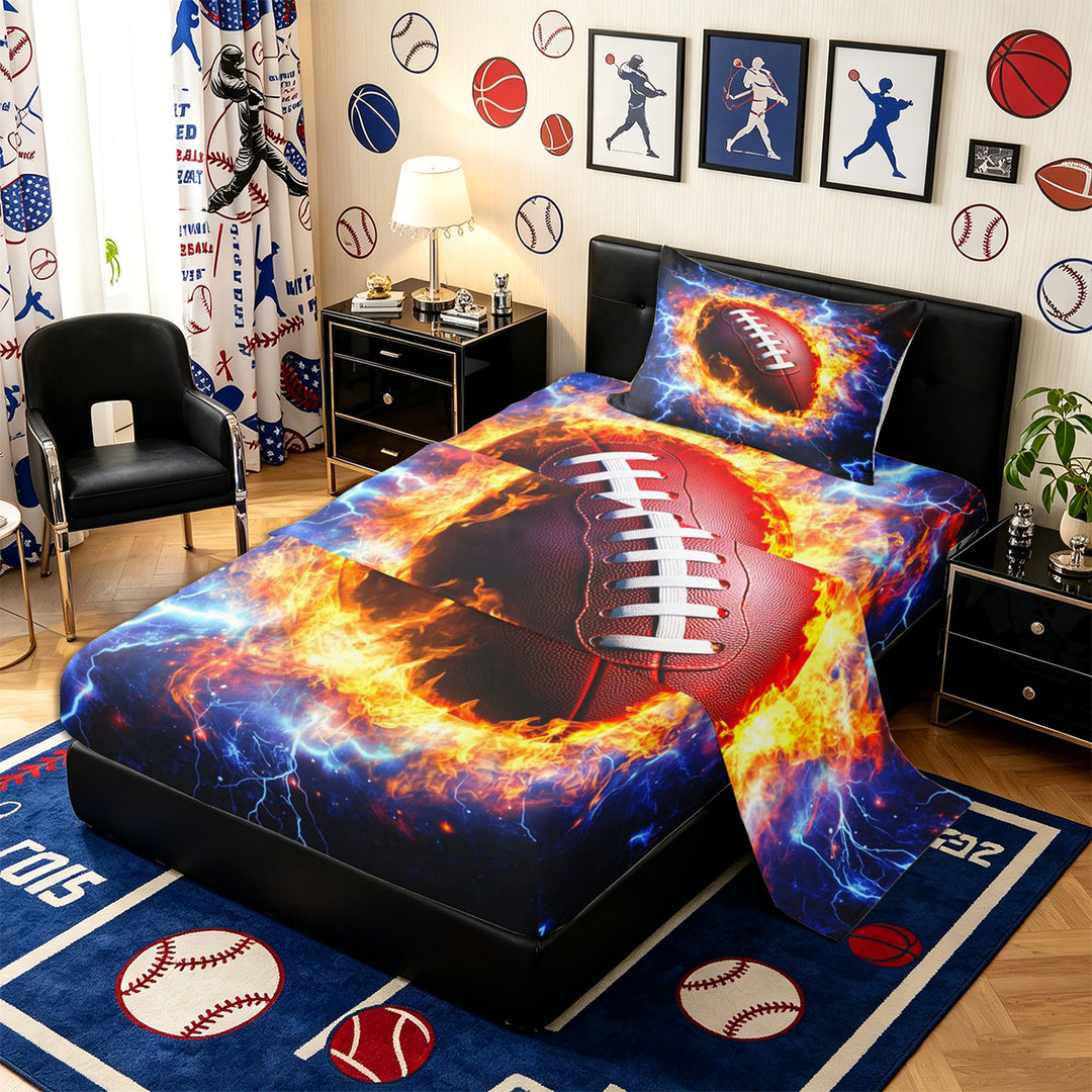 Meiyoeat Fiery Football Bed Sheets 4-Piece for Sports Fans, Lightning Print Full Size Sheets, Black Red Blue