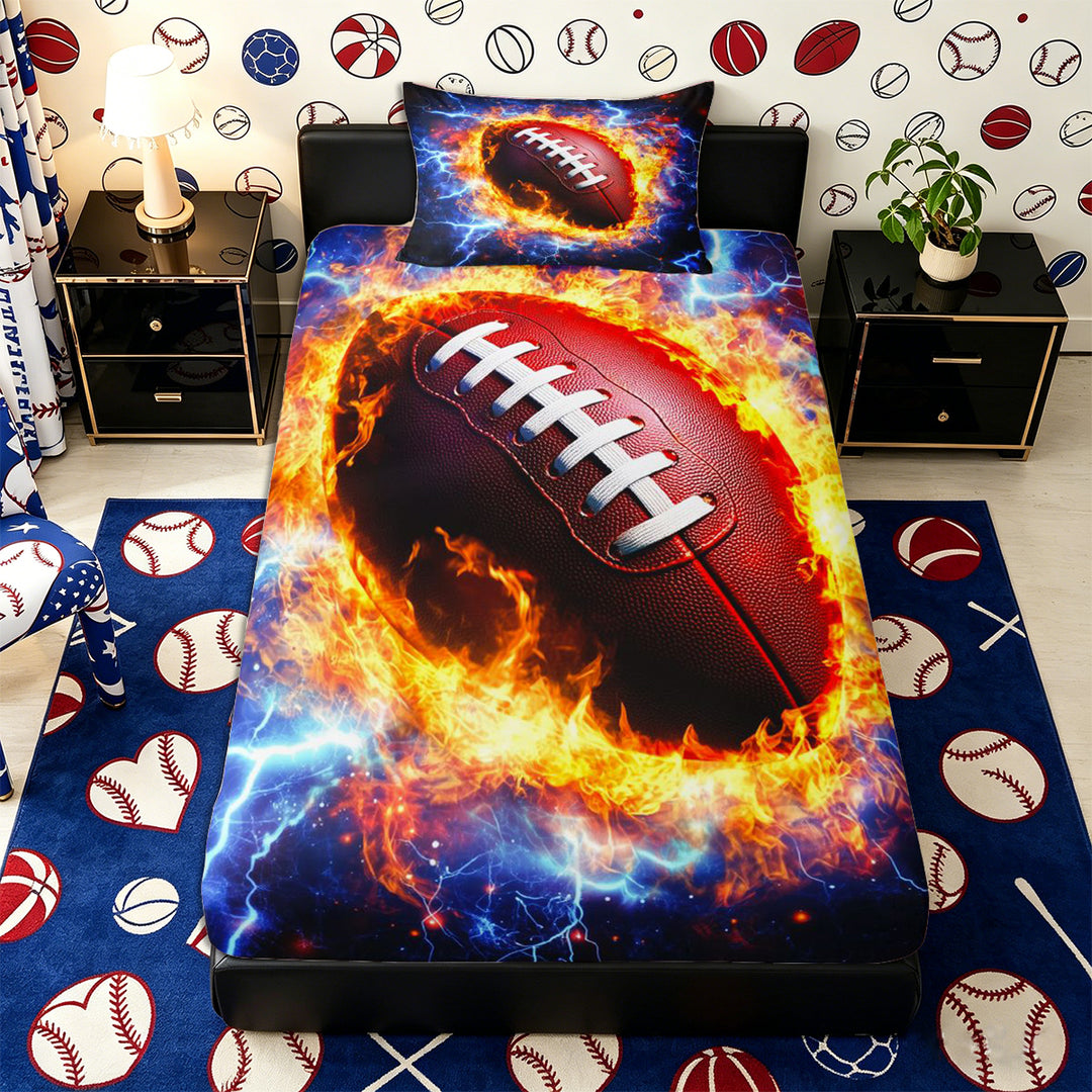 Meiyoeat Fiery Football Bed Sheets 4-Piece for Sports Fans, Lightning Print Full Size Sheets, Black Red Blue