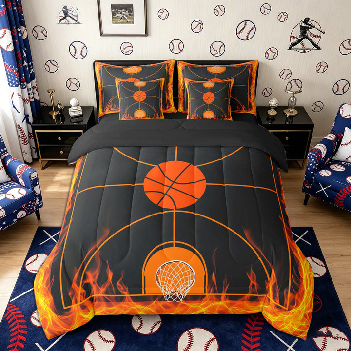 Meiyoeat Fiery Basketball Court Full Size Bedding Sets 7 Pieces, Flame Print Full Size Bed in a Bag, Black Orange,Black Reversible