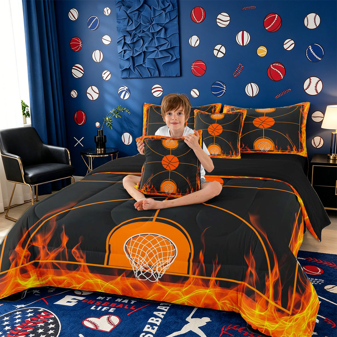 Meiyoeat Fiery Basketball Court Full Size Bedding Sets 7 Pieces, Flame Print Full Size Bed in a Bag, Black Orange,Black Reversible