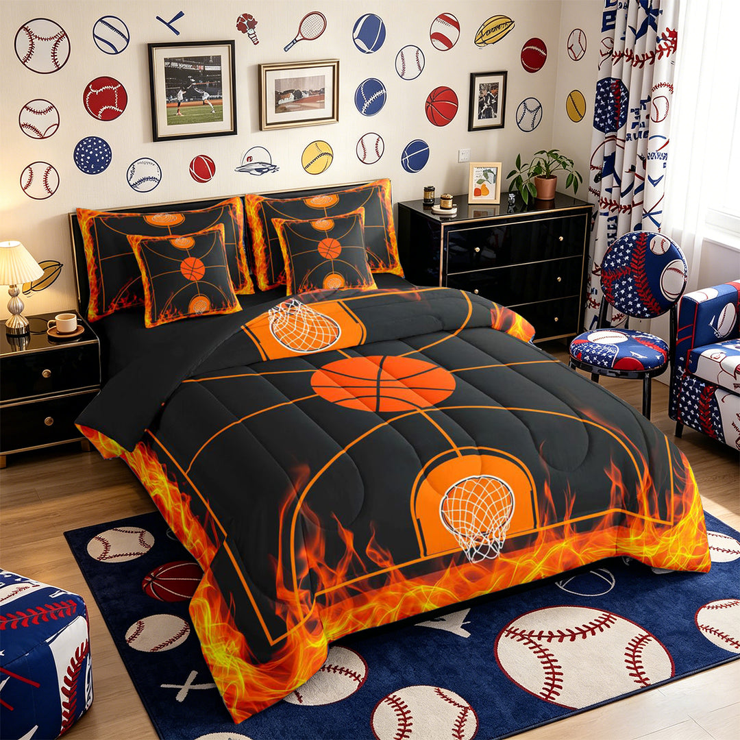 Meiyoeat Fiery Basketball Court Full Size Bedding Sets 7 Pieces, Flame Print Full Size Bed in a Bag, Black Orange,Black Reversible