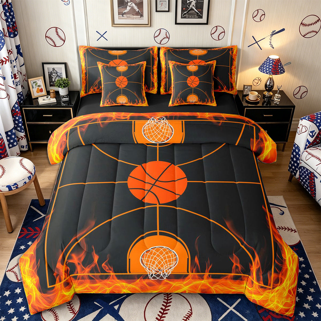 Meiyoeat Fiery Basketball Court Full Size Bedding Sets 7 Pieces, Flame Print Full Size Bed in a Bag, Black Orange,Black Reversible