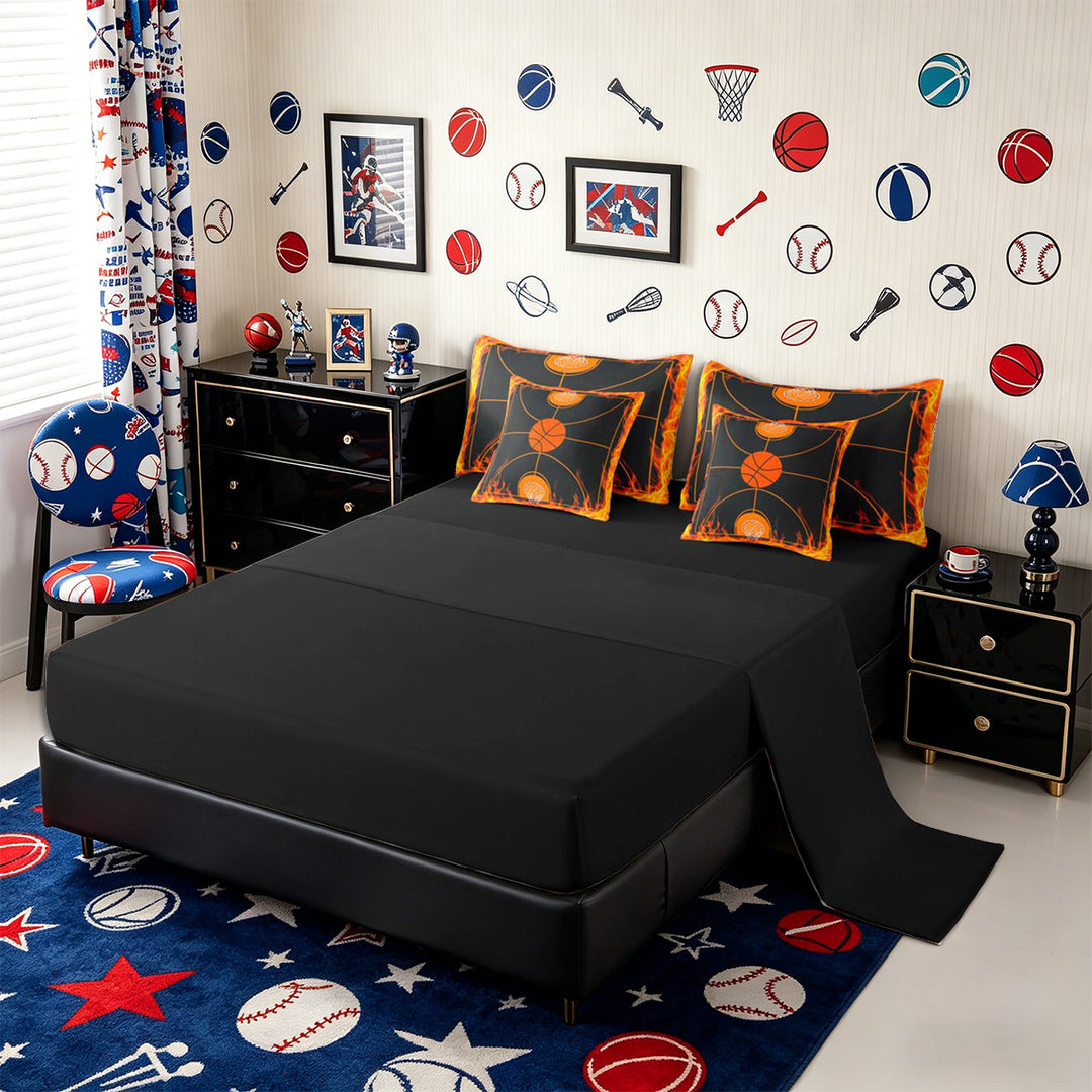 Meiyoeat Fiery Basketball Court Full Size Bedding Sets 7 Pieces, Flame Print Full Size Bed in a Bag, Black Orange,Black Reversible