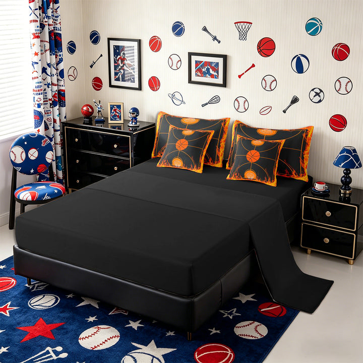 Meiyoeat Fiery Basketball Court Full Size Bedding Sets 7 Pieces, Flame Print Full Size Bed in a Bag, Black Orange,Black Reversible