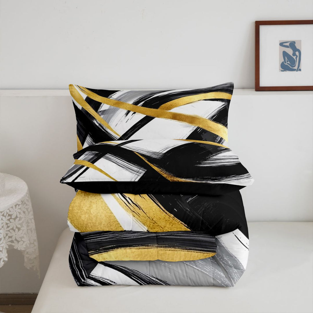 meiyoeat Black Gold Graffiti King Size Comforter Sets For Kids,Modern Abstract Geometric Comforters King Size For Adults,Black Reversible,3-Piece