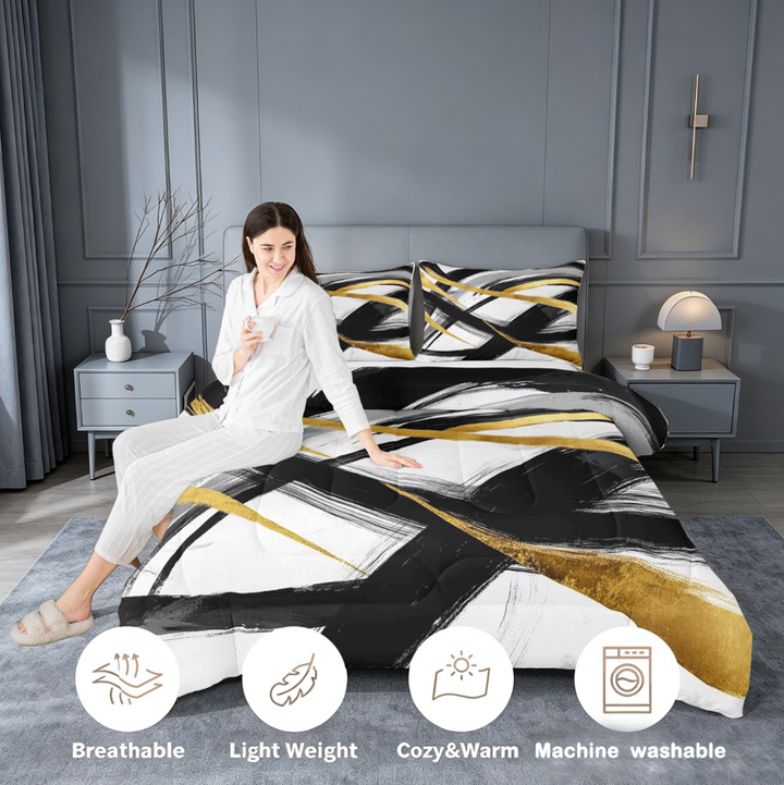 meiyoeat Black Gold Graffiti King Size Comforter Sets For Kids,Modern Abstract Geometric Comforters King Size For Adults,Black Reversible,3-Piece