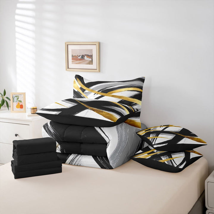 meiyoeat Black Gold Graffiti 7-Piece King Bedding For Kids,Modern Abstract Geometric King Bed in a Bag For Adults,Black Reversible