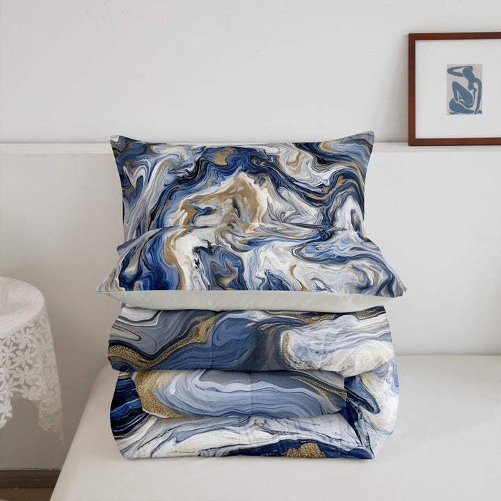 meiyoeat Blue Gold Marble King Size Comforter Sets For Kids,Fluid Swirl Design Comforters King Size For Adults,Light Gray Reversible,3-Piece