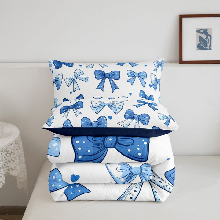 meiyoeat Polka Dots Bow Full Size Comforter Sets For Girls,Vintage Cute Coquette Bowknot Bedding Comforter Set For Kids,Navy Blue Reversible,3pcs