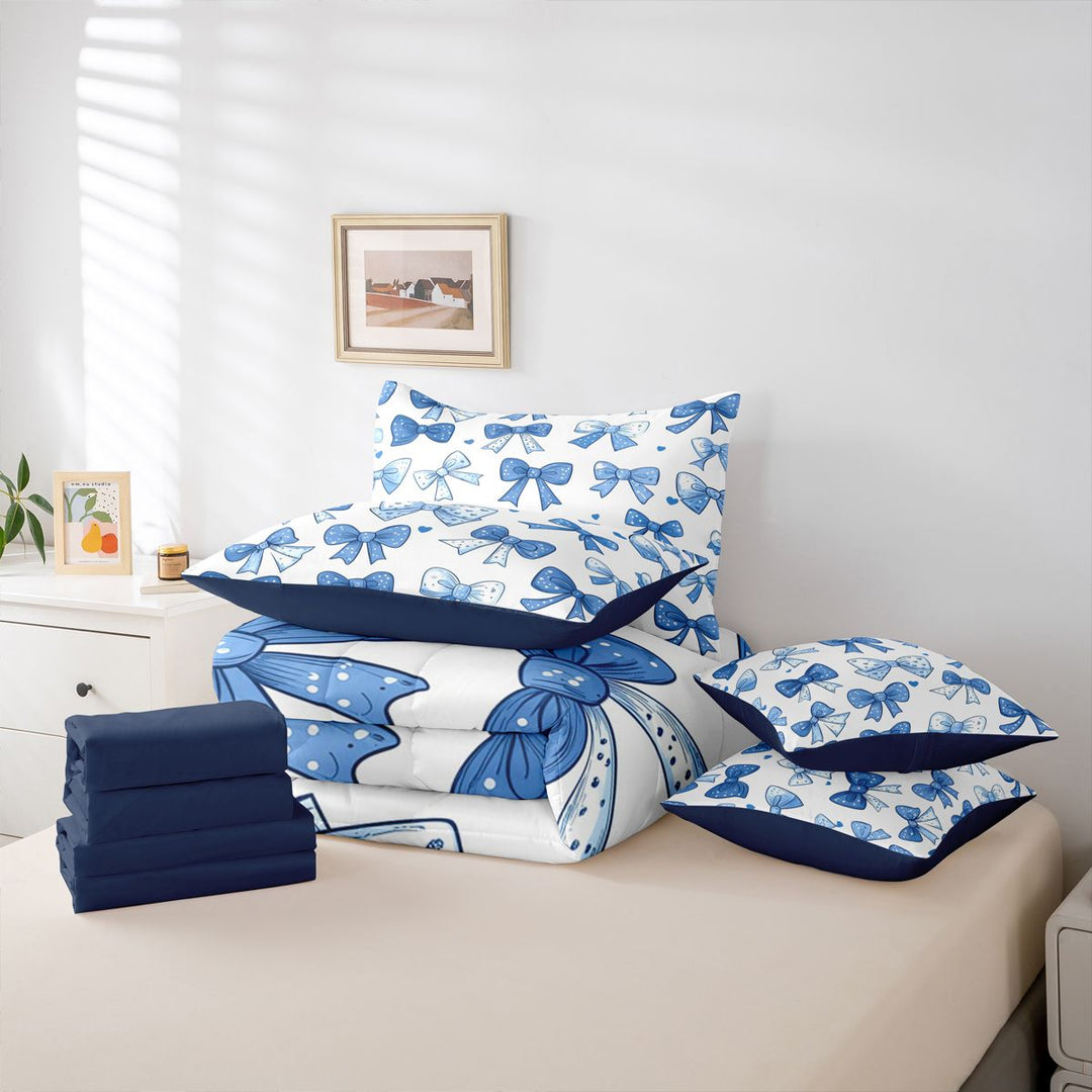 meiyoeat Polka Dots Bow 7 Pieces Full Size Bedding Sets For Girls,Vintage Cute Coquette Bowknot Full Size Bed in a Bag For Kids,Navy Blue Reversible