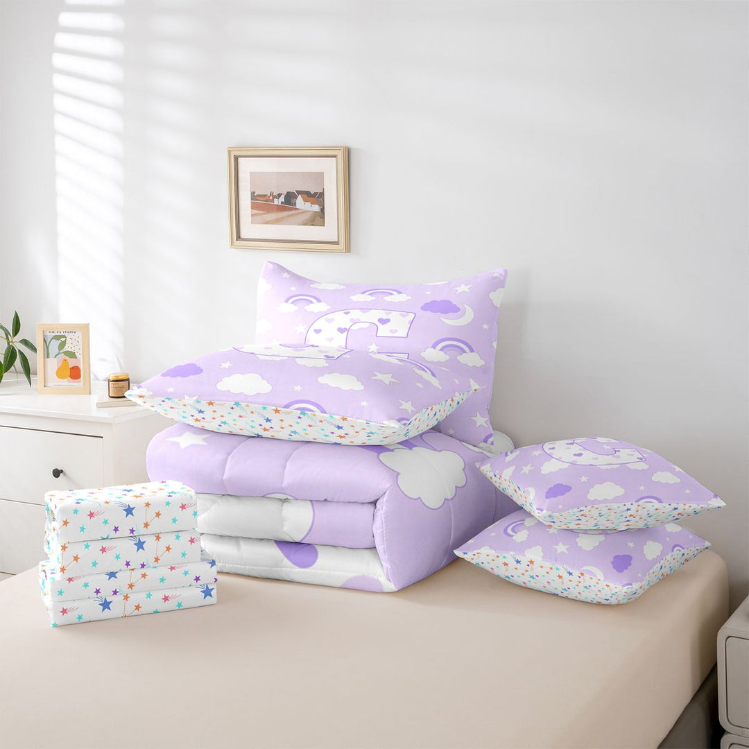 meiyoeat Purple Heart Monogrammed C 7 Pieces Full Size Bedding Sets,Rainbow Cloud Stars Letter Design Full Size Bed in a Bag For Girl,Colorful Stars Reversible