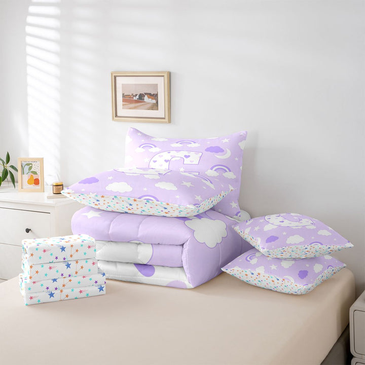 meiyoeat Purple Heart Monogrammed C 7 Pieces Full Size Bedding Sets,Rainbow Cloud Stars Letter Design Full Size Bed in a Bag For Girl,Colorful Stars Reversible