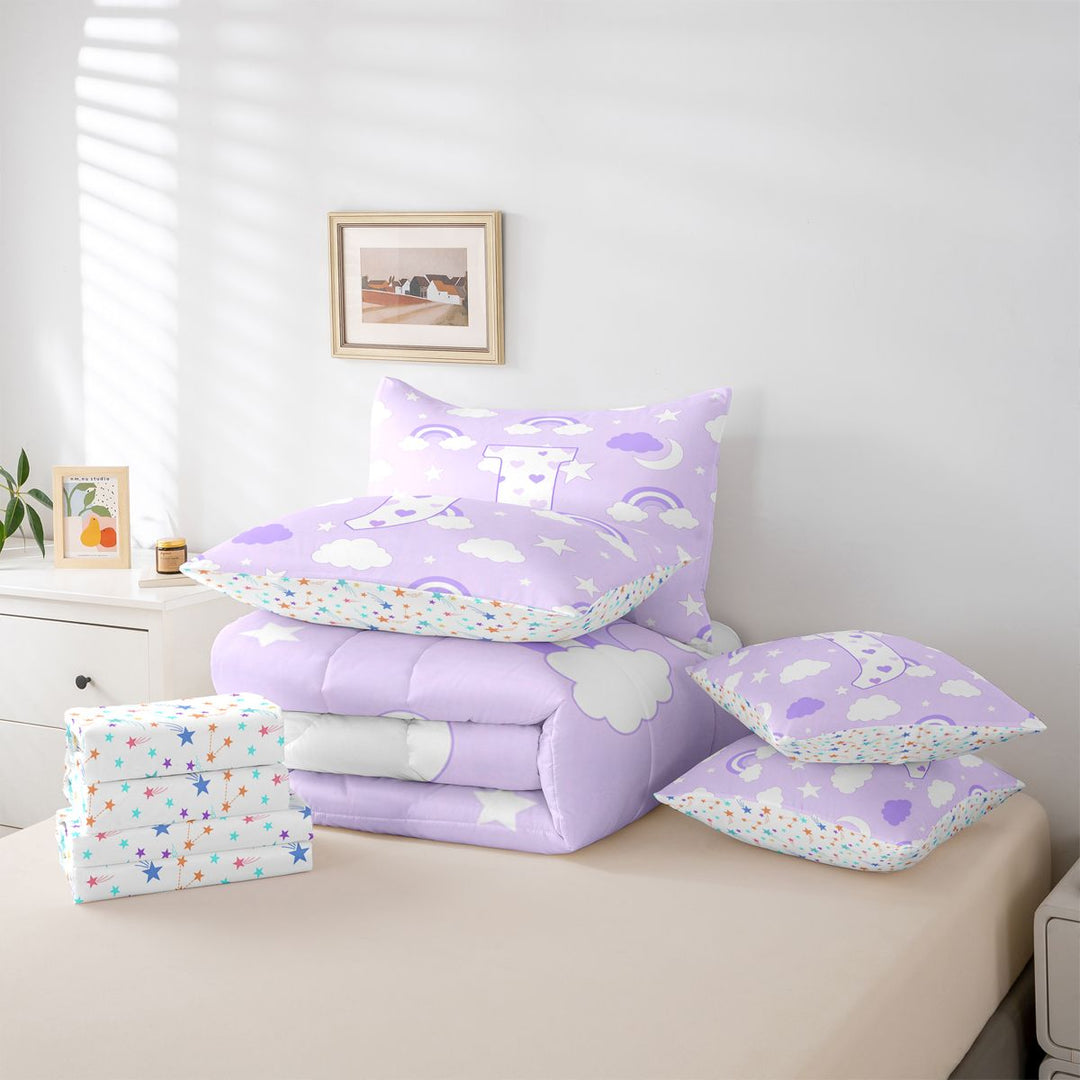 meiyoeat 3D Cartoon Heart Print 7 Pieces Full Size Bedding SetsPurple Initial Alphabet J Full Size Bed in a Bag For Girl,Colorful Stars Reversible