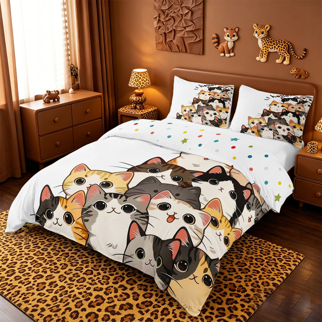 meiyoeat Hello Cat Bedding,Cute Print Duvet Cover Full For Girl,Reversible,3pcs,1 Duvet Cover and 2 Pillowcases