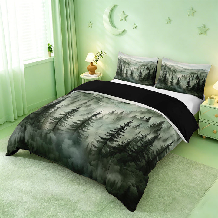 meiyoeat Green Pine Green Duvet Cover King For Girls,Nature Scenery King Bedding For Adults,Black Reversible,3-Piece(No Comforter)