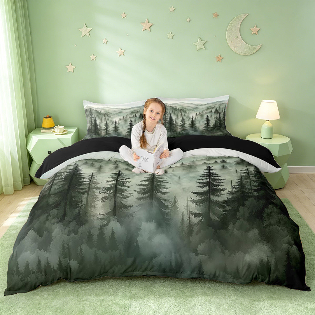 meiyoeat Green Pine Green Duvet Cover King For Girls,Nature Scenery King Bedding For Adults,Black Reversible,3-Piece(No Comforter)