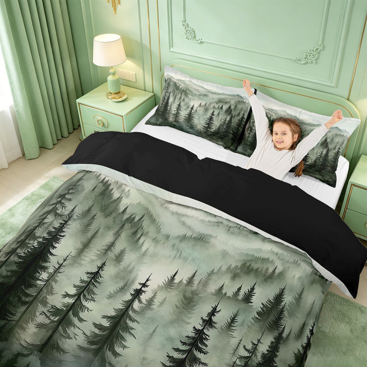 meiyoeat Green Pine Green Duvet Cover King For Girls,Nature Scenery King Bedding For Adults,Black Reversible,3-Piece(No Comforter)