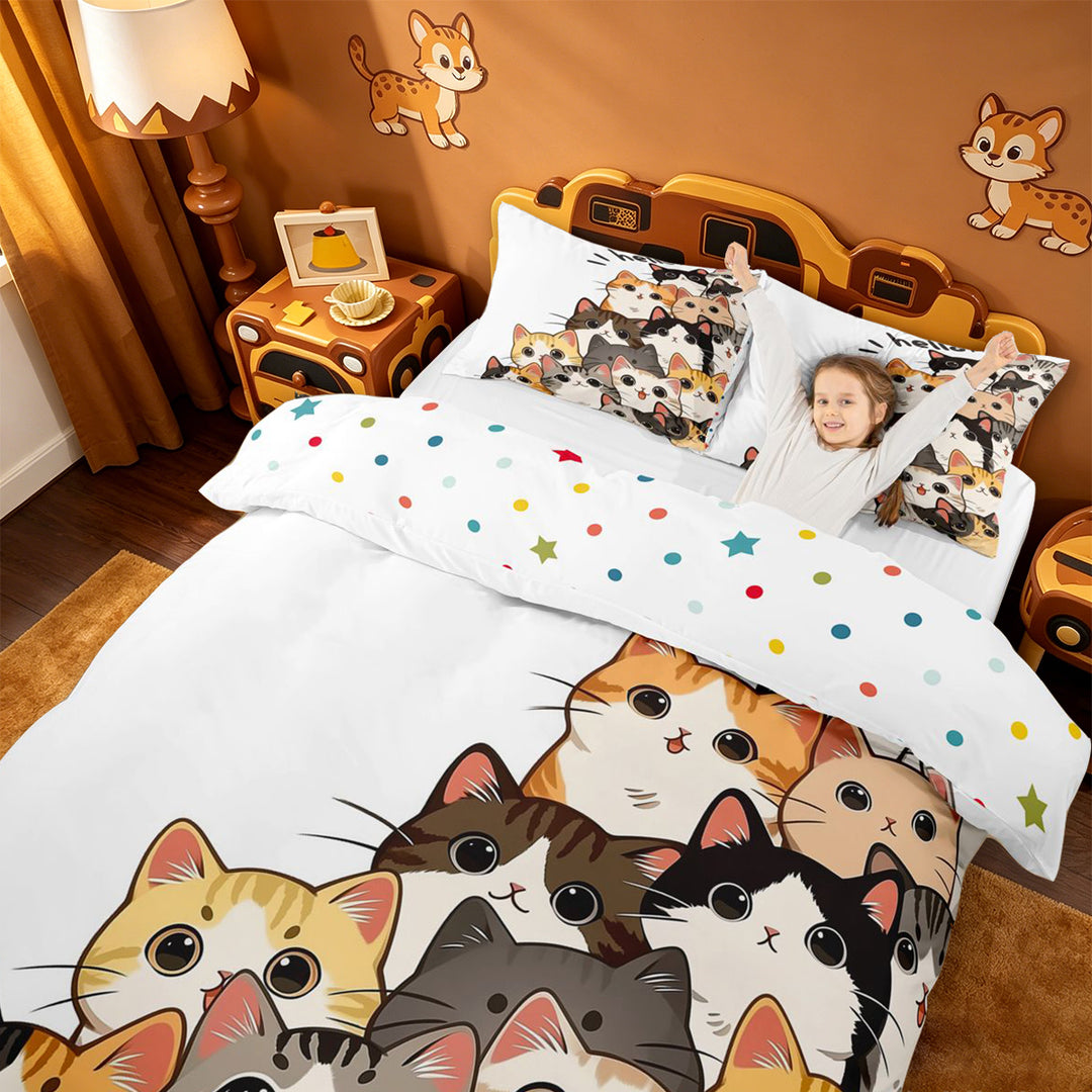 meiyoeat Hello Cat Bedding,Cute Print Duvet Cover Full For Girl,Reversible,3pcs,1 Duvet Cover and 2 Pillowcases