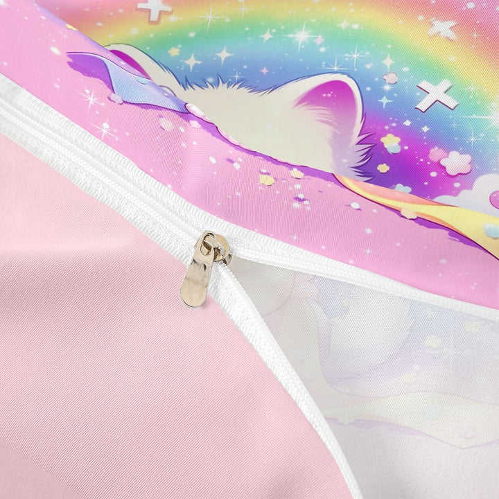 meiyoeat 3D Kawaii Cat Bedding For Girls,Rainbow Sparkling Print Duvet Cover Full For Kids,Pink Reversible,3pcs(No Comforter)