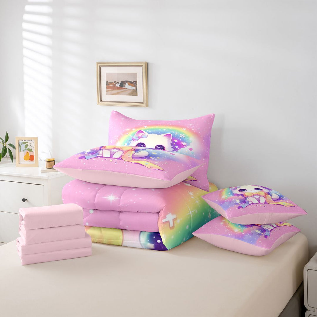 meiyoeat 3D Kawaii Cat 7 Pieces Full Size Bedding Sets For Girls,Rainbow Sparkling Print Full Size Bed in a Bag For Kids,Pink Reversible