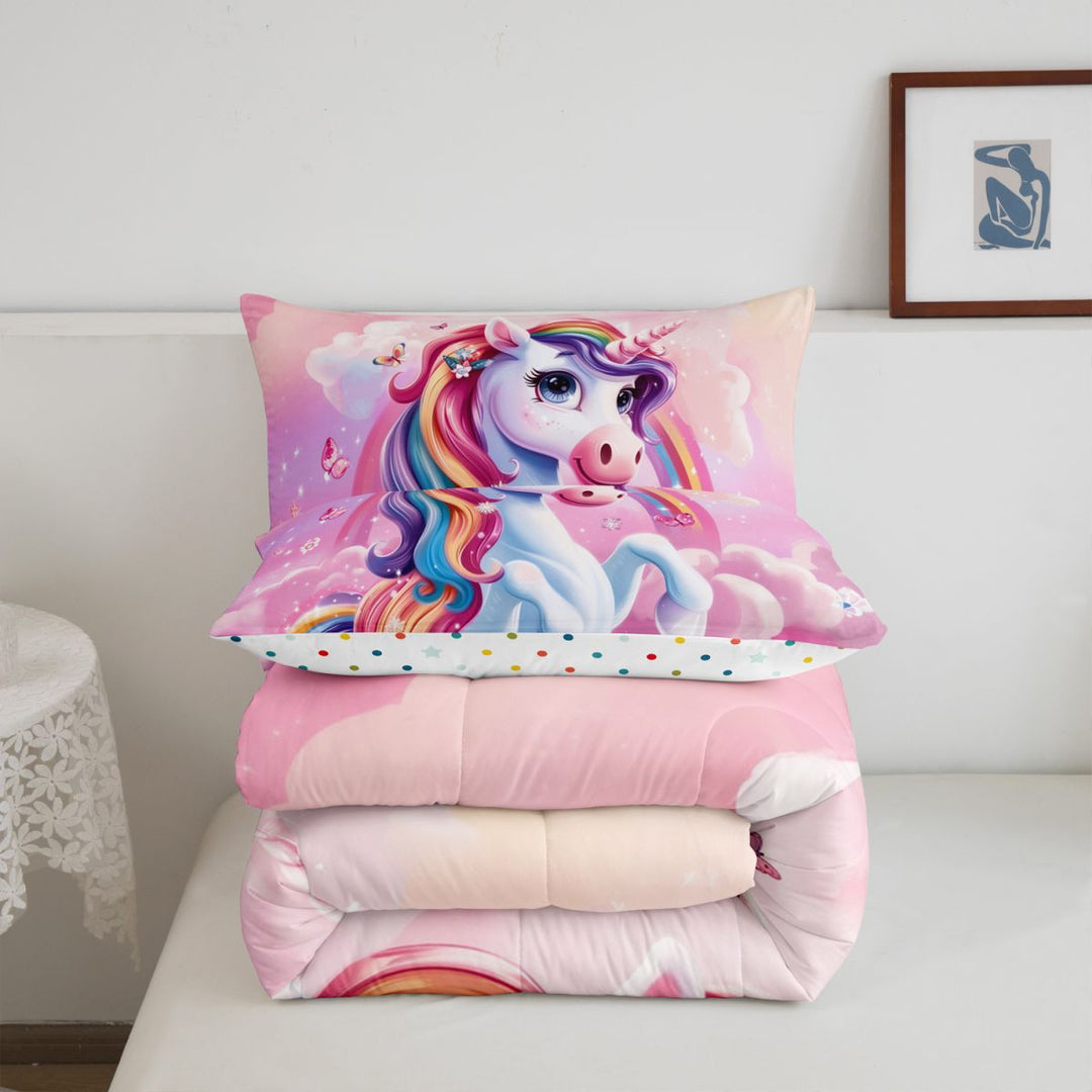 meiyoeat Colorful Magical Unicorn Full Size Comforter Sets For Kids,Cute Animals Bedding Comforter Set For Girls,Colorful Stars Reversible,3-Piece