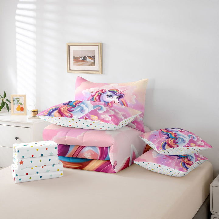 meiyoeat Colorful Magical Unicorn 7 Pieces Full Size Bedding Sets For Kids,Cute Animals Full Size Bed in a Bag For Girls,Colorful Stars Reversible